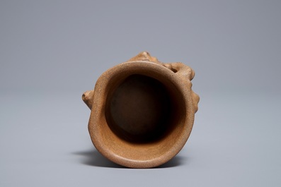 A Chinese Yixing stoneware brush pot with applied design, Maolin mark, 18/19th C.