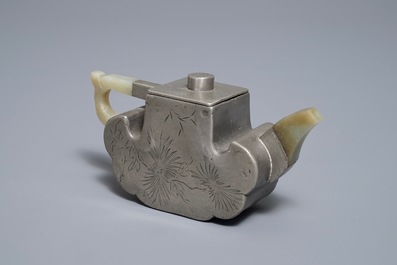 A Chinese jade-topped pewter-encased Yixing stoneware teapot and cover, 19th C.