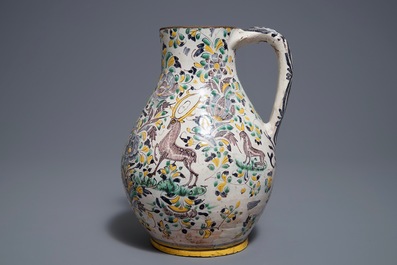 A Habaner pottery jug with a hunting scene, monogram IL, Slovakia, 18th C.