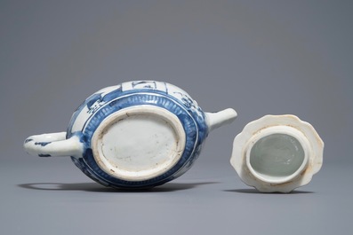 A Chinese blue and white moulded teapot and cover, Kangxi