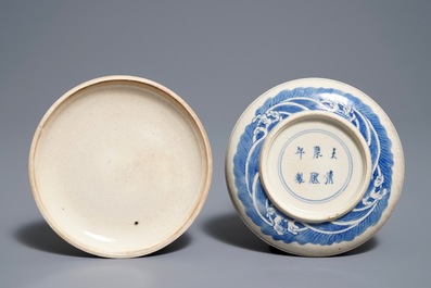 A Chinese blue and white seal paste box with dragon design, Kangxi mark, 19th. C.