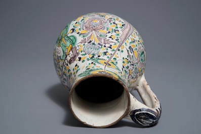 A Habaner pottery jug with a hunting scene, monogram IL, Slovakia, 18th C.