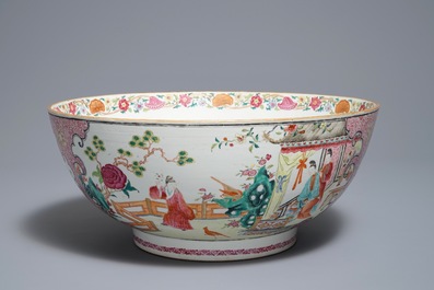 A large Chinese famille rose bowl with figures in a garden, Yongzheng