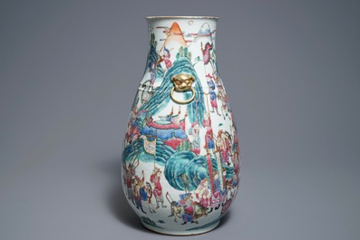 A large Chinese famille rose hu vase with warrior scenes, 19th C.