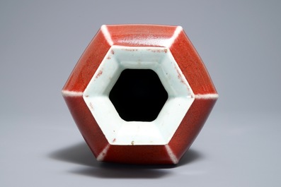 A Chinese sang-de-boeuf-glazed hexagonal meiping vase, 19th C.