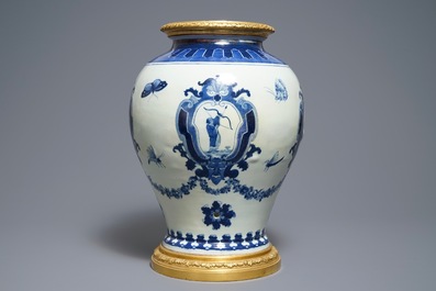 A Chinese blue and white ormolu-mounted 'The Archer' cistern after Cornelis Pronk, Qianlong, ca. 1740