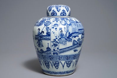 Un grand pot couvert en porcelaine de Chine bleu et blanc, Kangxi
