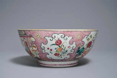 A large Chinese famille rose bowl with figures in a garden, Yongzheng