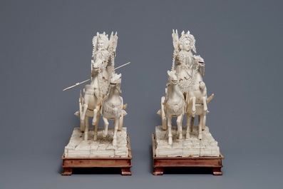 A pair of large Chinese ivory 'warriors on horse chariots' groups, late 19th C.