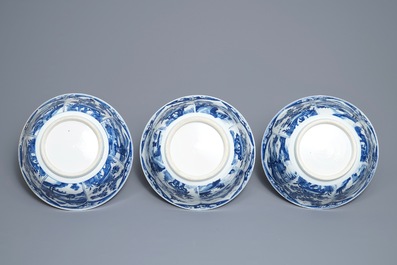 Three large Chinese blue and white bowls, Kangxi
