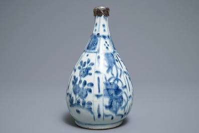 A Chinese blue and white silver-mounted bottle vase, Wanli