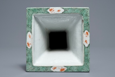A square Chinese famille verte vase, Kangxi mark, 19/20th C.