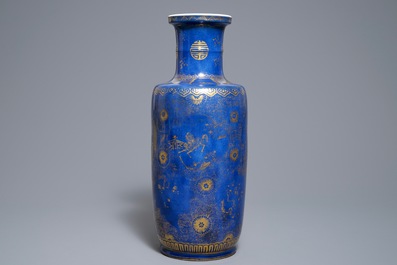 A Chinese powder blue and gilt rouleau vase, Kangxi