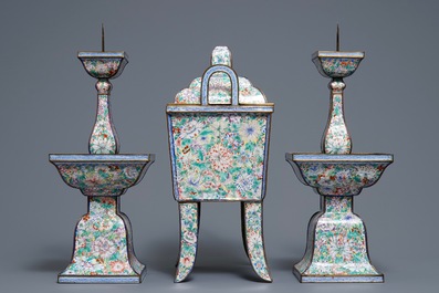 A Chinese millefleurs Canton enamel three-piece altar garniture, Qianlong