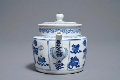 A Chinese blue and white teapot and cover with 'antiquities' design, Kangxi