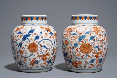 A pair of Chinese Imari style ginger jars and covers, Kangxi