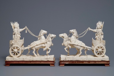 A pair of large Chinese ivory 'warriors on horse chariots' groups, late 19th C.