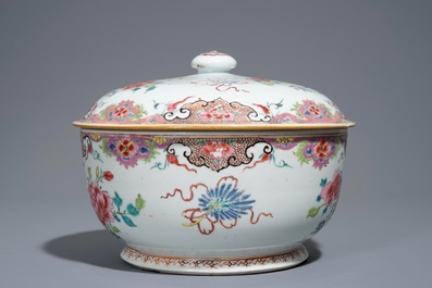 A Chinese circular famille rose tureen and cover with floral design, Qianlong