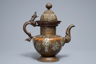 A Tibetan copper and silver teapot and cover, 19th C.