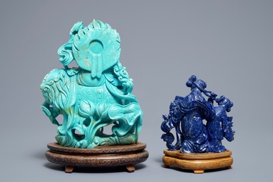 Twee Chinese figuren in turkoois en lapis lazuli, 20e eeuw
