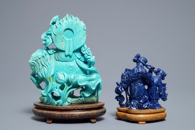 Two Chinese carved lapis lazuli and turquoise figures, 20th C.