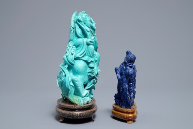 Two Chinese carved lapis lazuli and turquoise figures, 20th C.