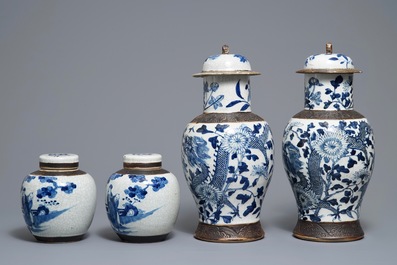 Two pairs of Chinese Nanking crackle-glazed vases and covers, 19/20th C.