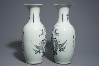 A pair of Chinese qianjiang cai vases with figures in a garden, 19/20th C.