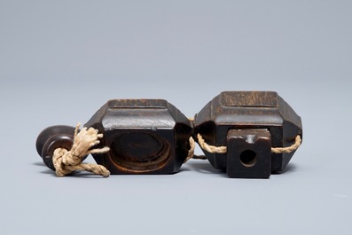 A Chinese rhinoceros horn seal and paste container, 19th C.