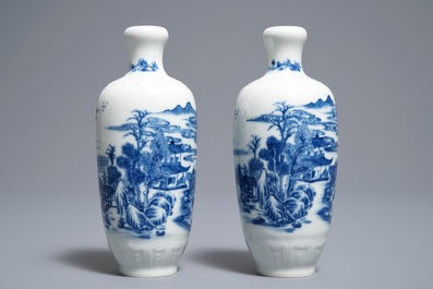 A pair of Chinese blue and white landscape vases, Qianlong mark, Republic, 20th C.