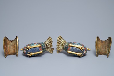 A pair of Chinese cloisonn&eacute; and inlaid gilt silver peacock censers, 19th C.