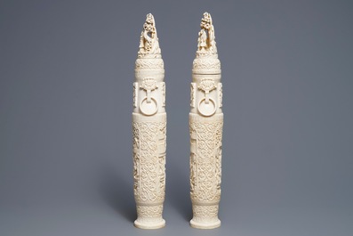 A pair of large Chinese ivory vases and covers, ca. 1900