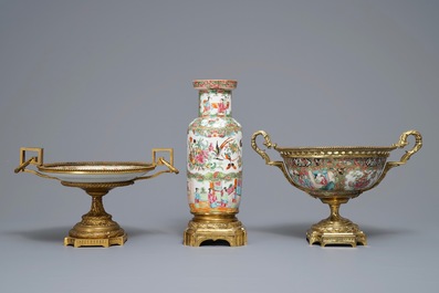 Trois pi&egrave;ces en porcelaine de Chine famille rose de Canton aux montures en bronze, 19&egrave;me