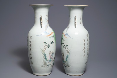 A pair of Chinese qianjiang cai vases with figures in a landscape, 19/20th C.