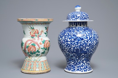 Two Chinese famille rose and blue and white vases and a dish, 19th C.