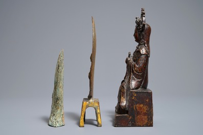 Two Chinese bronze figures and a bronze axe fragment, poss. Han and Ming