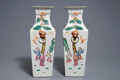 A pair of square Chinese famille rose vases, 19th C.