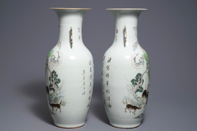 A pair of Chinese qianjiang cai vases with figures in a landscape, 19/20th C.