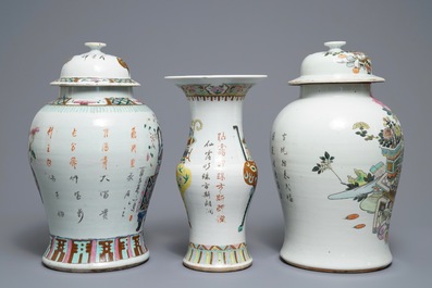 Drie Chinese famille rose en qianjiang cai vazen, 19/20e eeuw