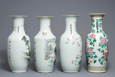 Vier diverse Chinese qianjiang cai en famille rose vazen, 19/20e eeuw