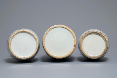 Three Chinese blue and white on celadon ground vases, 19th C.