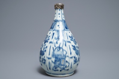 A Chinese blue and white silver-mounted bottle vase, Wanli