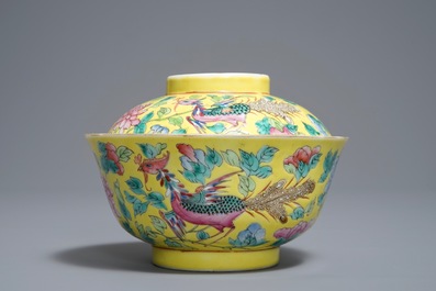A Chinese Peranakan or Straits market famille rose yellow ground 'dragon and phoenix' bowl and cover, 19th C.
