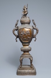A large Japanese bronze incense burner on stand, Edo or Meiji, 19th C.