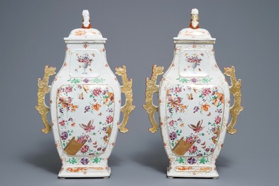 A pair of Chinese famille rose dragon-handle vases, Qianlong