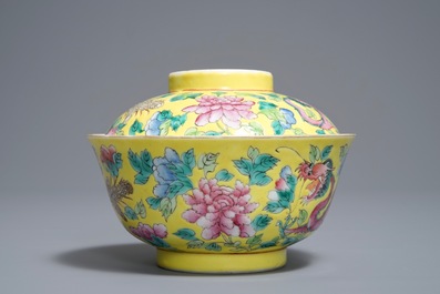A Chinese Peranakan or Straits market famille rose yellow ground 'dragon and phoenix' bowl and cover, 19th C.