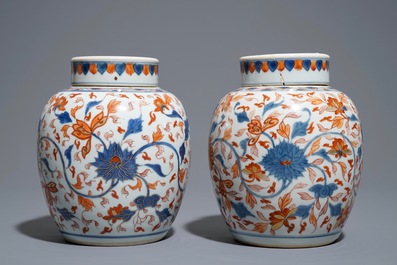 A pair of Chinese Imari style ginger jars and covers, Kangxi