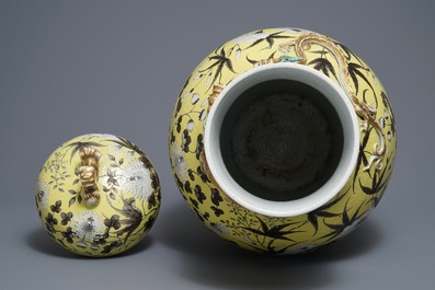 A large Chinese yellow ground Dayazhai style vase and cover, 19th C.