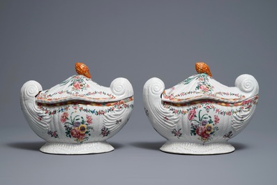 A pair of Chinese neoclassical famille rose tureens on stands, Qianlong