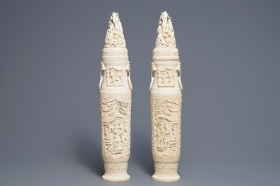 A pair of large Chinese ivory vases and covers, ca. 1900